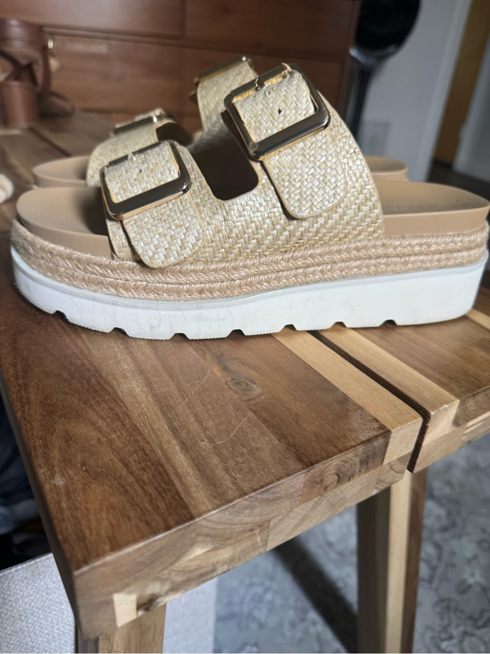 Woven Strap Platform Slide Sandals in Natural madden girl